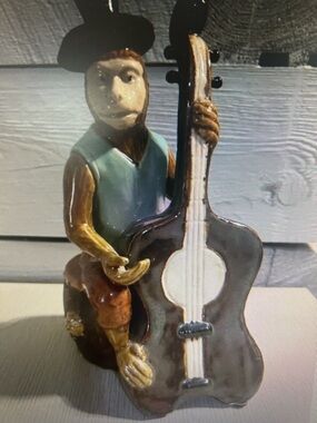Monkey Playing a Cello Sitting On Drum Table Top Ceramic Sculpture Handmade